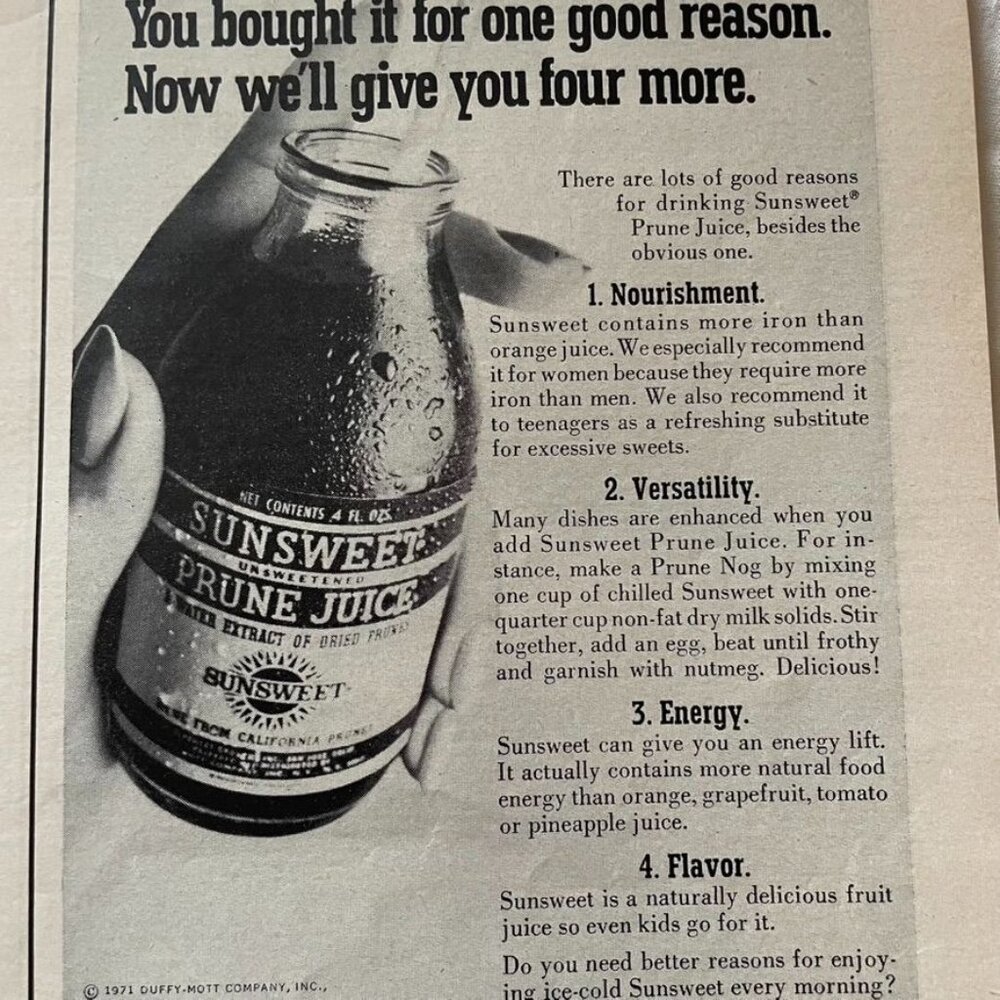 1971 SunSweet Prune Juice Partial Print Page Vintage Ad Original u